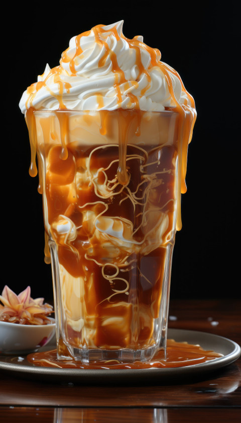 A chilled coffee with caramel topping sitting on a table