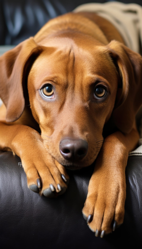 A dog with brown and tan fur relaxes on a blanket covering the couch