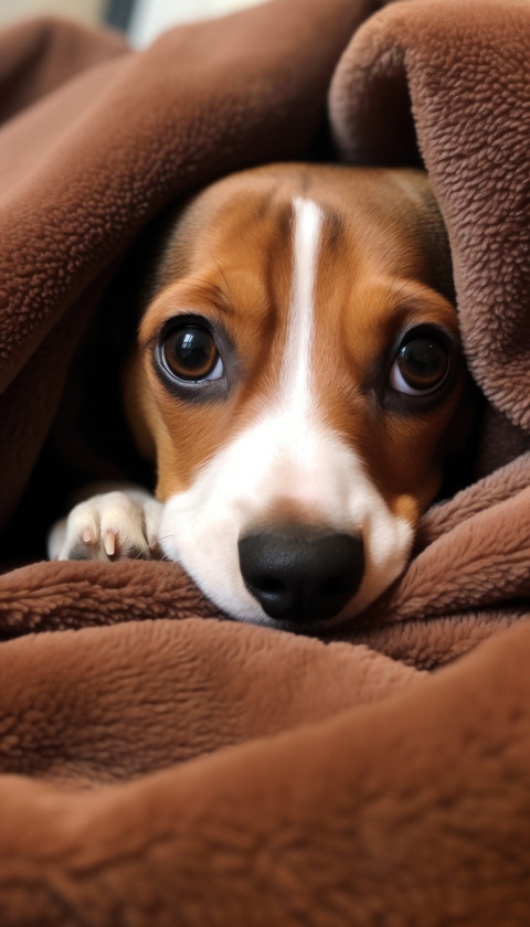 A cozy scene with a small pet dog relaxing on a bed in his comfy blanket