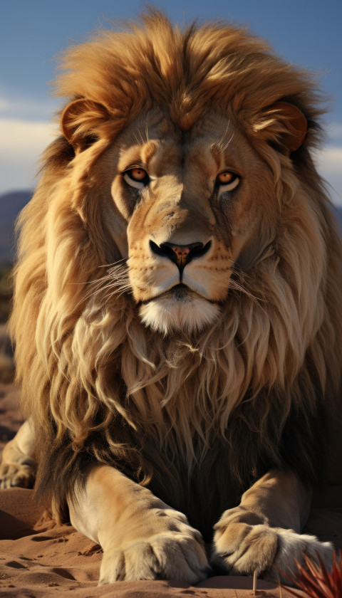 Lion sitting on sand head down contemplating in the vast wilderness