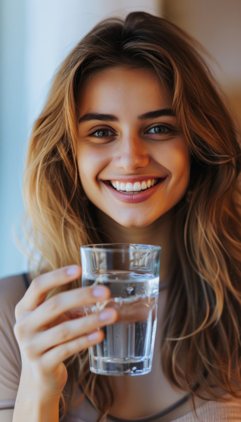 Happy girl smiling at the camera while confidently holding a glass of water