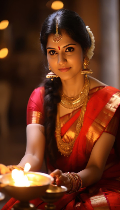 Indian marathi woman in a traditional sari lights a brass oil lamp during a festive celebration in a majestic palace in maharashtra