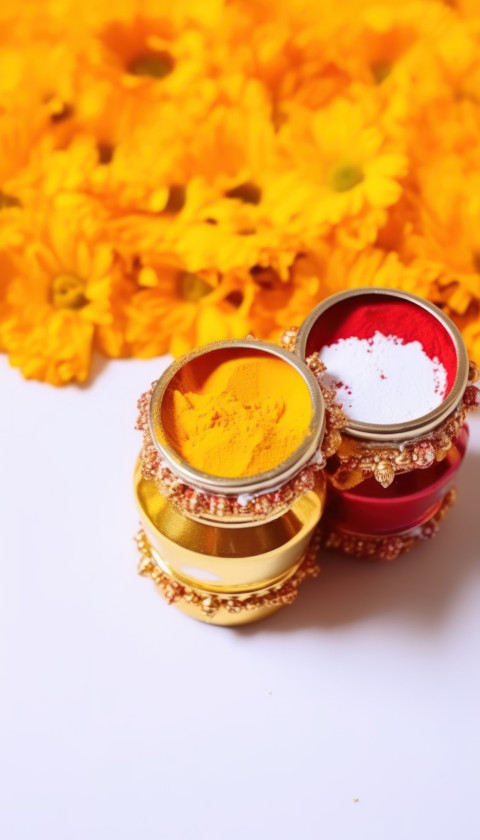 Haldi kumkum and flowers are essential for festival worship offered to god during prayer for a joyous celebration