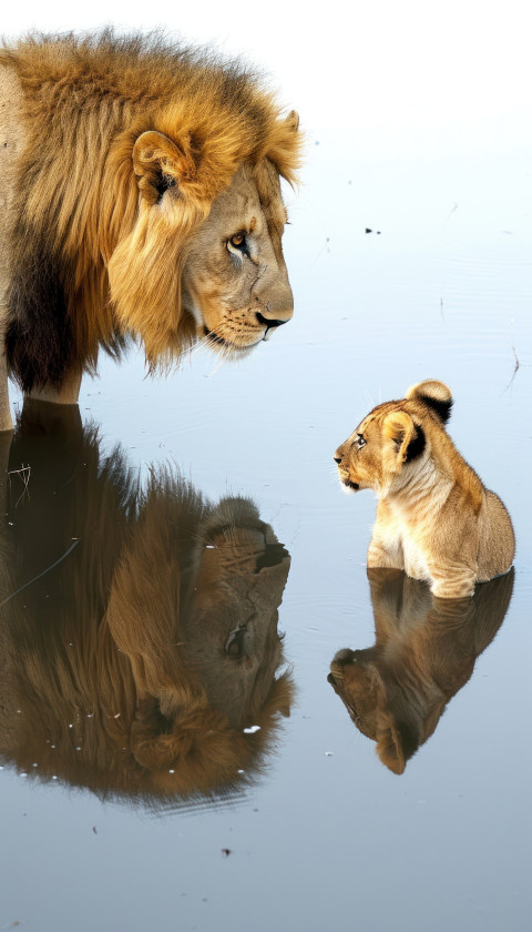 A curious lion cub gazes at the majestic reflection of an adult lion