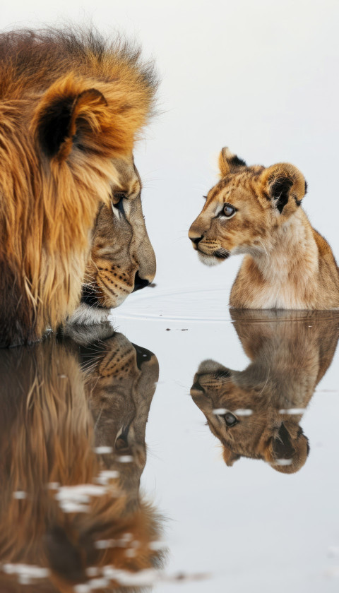 Curious lion cub gazes at reflection of majestic adult lion in calm water