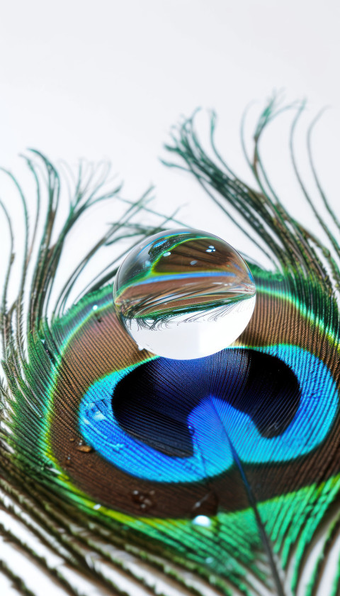 Shimmering water droplet enhances the beauty of a peacock feather