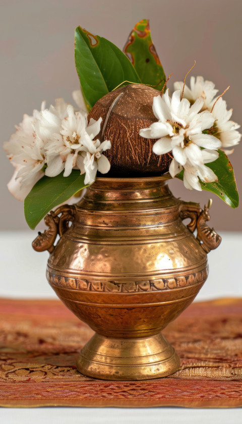 Closeup of kalasha symbolizing prosperity with a brass pot and coconut