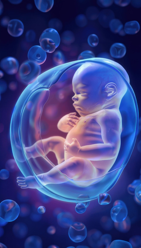 An animation human baby in the womb against blue background illustration the fetus concept