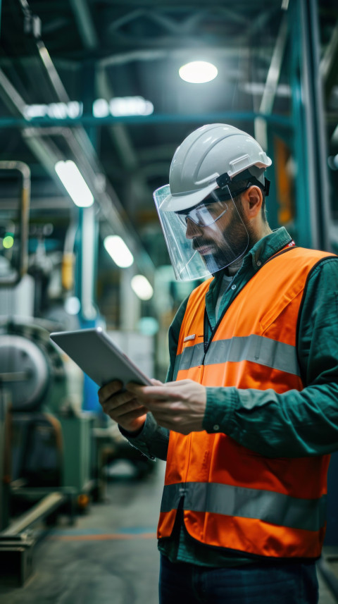 A worker in an industrial setting uses his tablet to convey idea