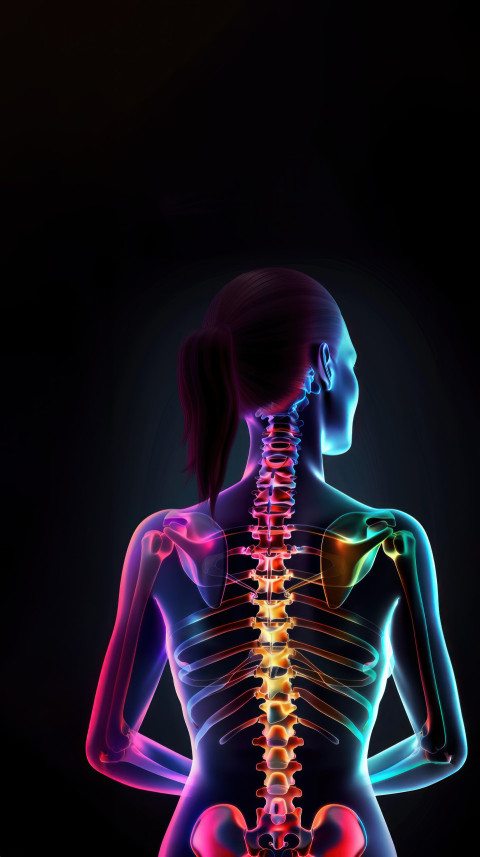 A female spine woman back with a x ray scan overlay showing colored bones on a dark background healthcare and back pain