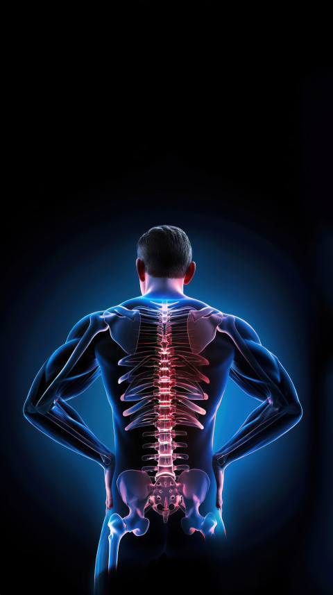 A man with back pain x ray of spine on dark blue background illustrating healthcare and back pain diagnosis