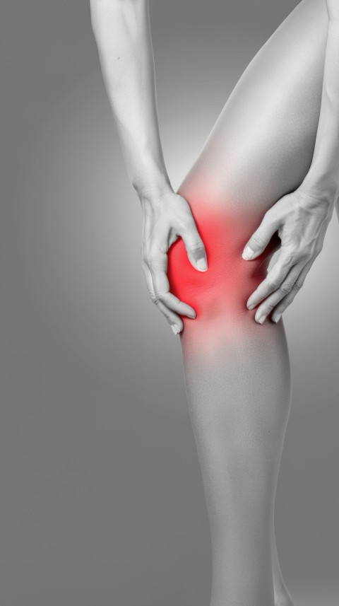 A woman holds her knee in a black and white photo with a red pain area showing the healthcare and knee pain concept