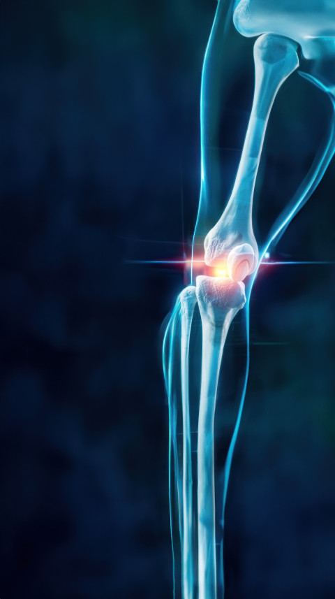 Digital joint knee pain point shows glow illustrating healthcare and knee pain