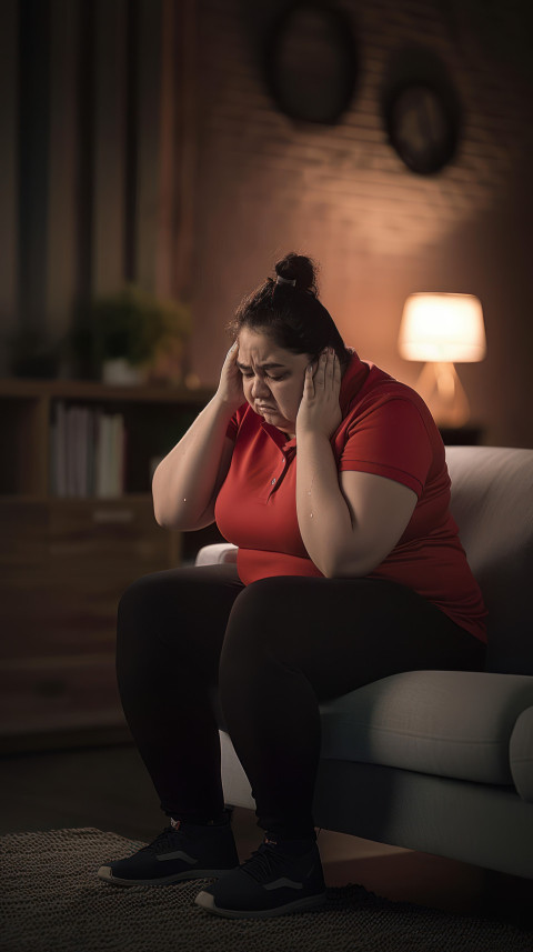 An overweight woman sits on the bed crying with head in a hands healthcare and headache concept