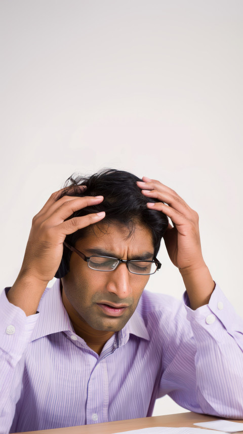 Indian man with glasses holds his head in pain vision issues and healthcare headache concept