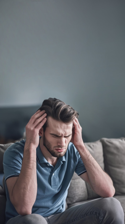 A man with brown hair and a beard holds a head between his hands feeling bad pain healthcare and headache concept