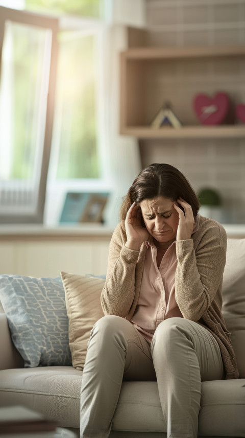 A woman sitting on the sofa holds her head in pain healthcare and headache concept