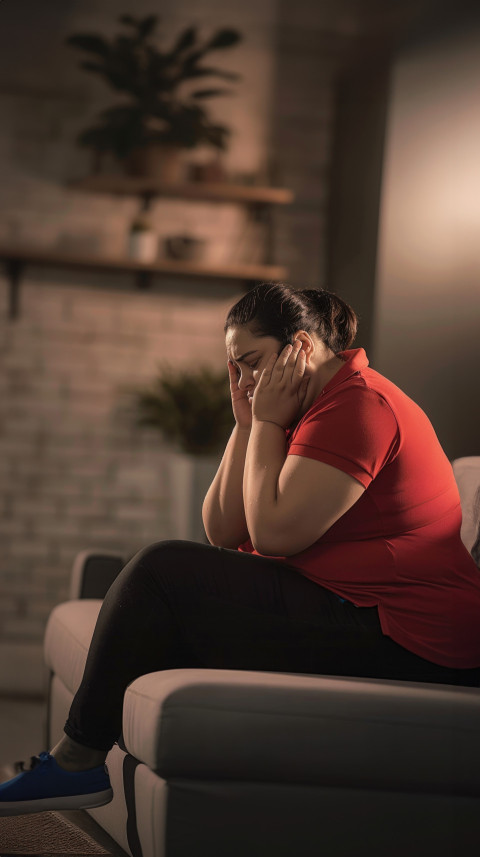 An overweight woman sits on the bed crying with head in a hands healthcare and headache concept