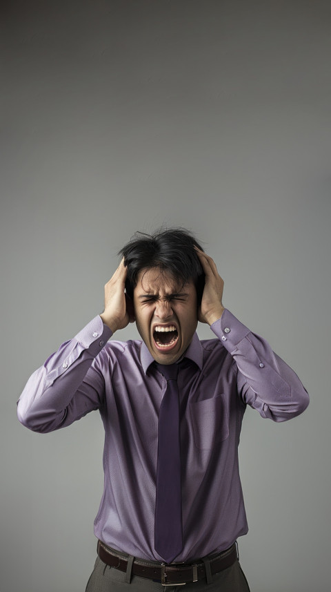 A young Indian man in a purple shirt and tie screams with hands on his head healthcare and headache concept