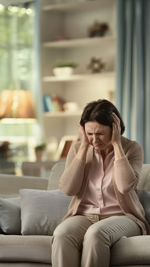 A woman sitting on the sofa holds her head in pain healthcare and headache concept