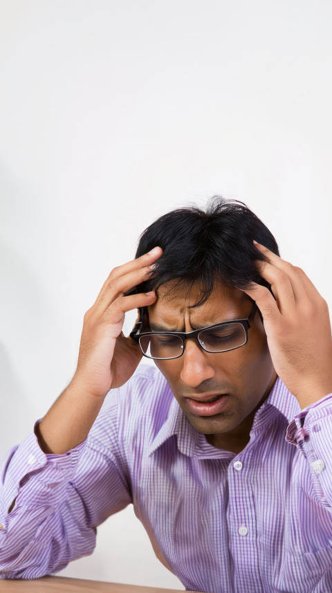 Indian man with glasses holds his head in pain vision issues and healthcare headache concept