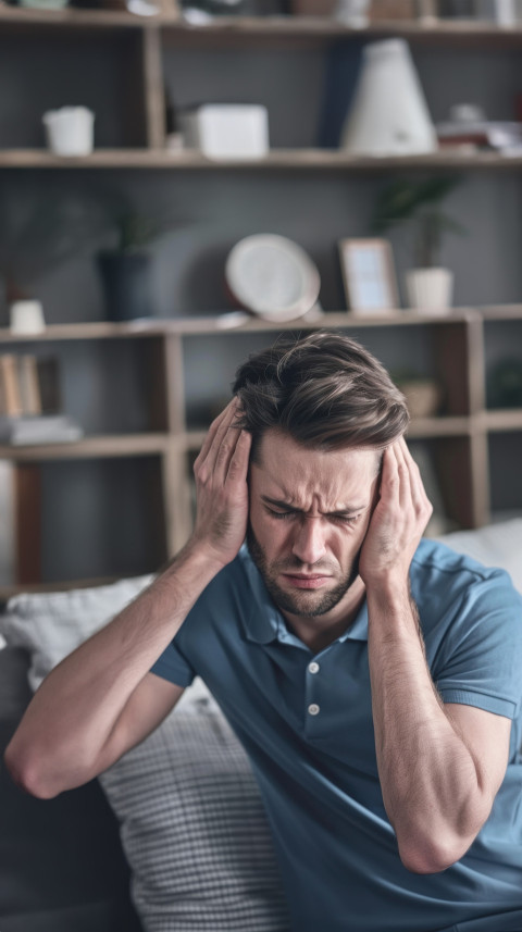 A man with brown hair and a beard holds a head between his hands feeling bad pain healthcare and headache concept