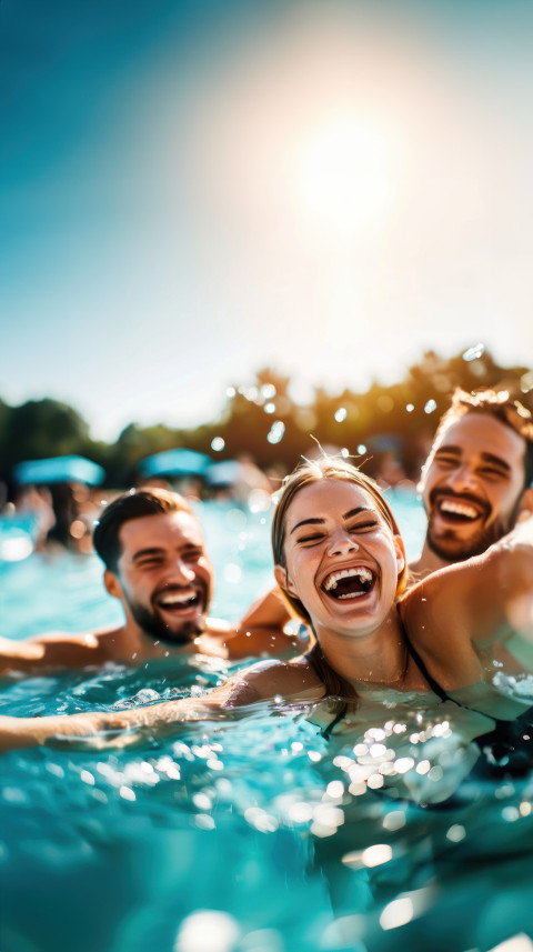 A group of friends laughing and swimming in the water with a blurred background celebrating friendship day