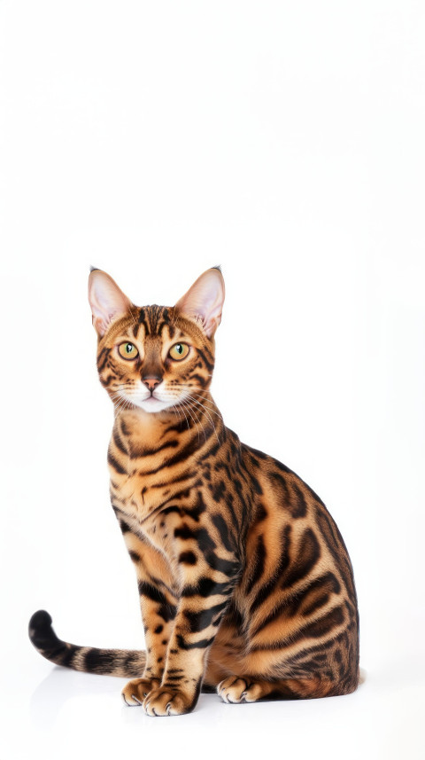 Bengal cat in a full body shot sitting on the floor isolated against white background