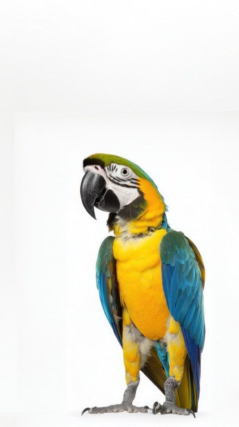 Blue and yellow macaw parrot in profile pose isolated on a white background