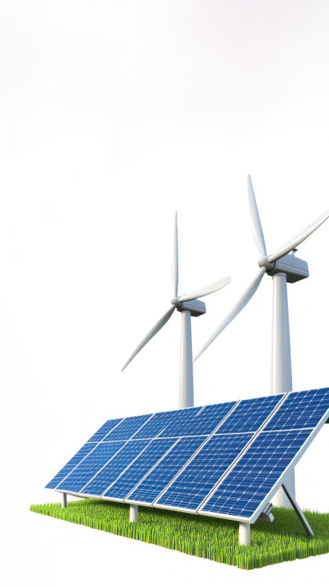 3d illustration of solar panels and wind turbines isolated on a white background