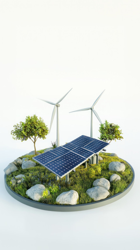 A miniature model of an outdoor energy production system with solar panels and wind turbines