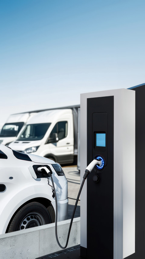 Sleek electric vehicles charging at an urban industrial energy station with line of white cargo van