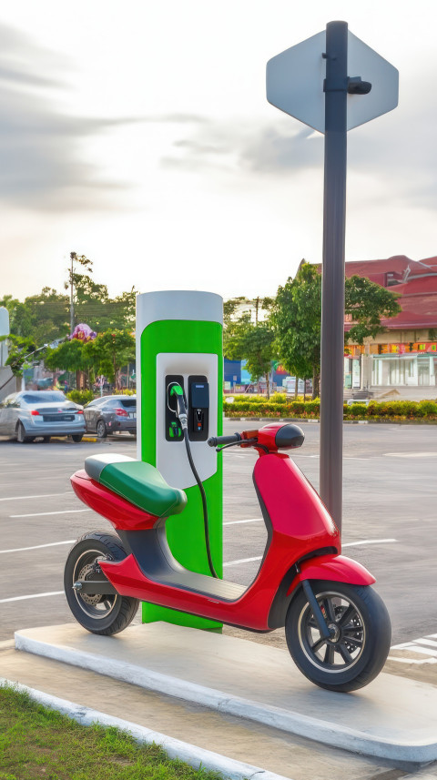 Red and green electric scooter at charging station in thailand with parking lot in the background