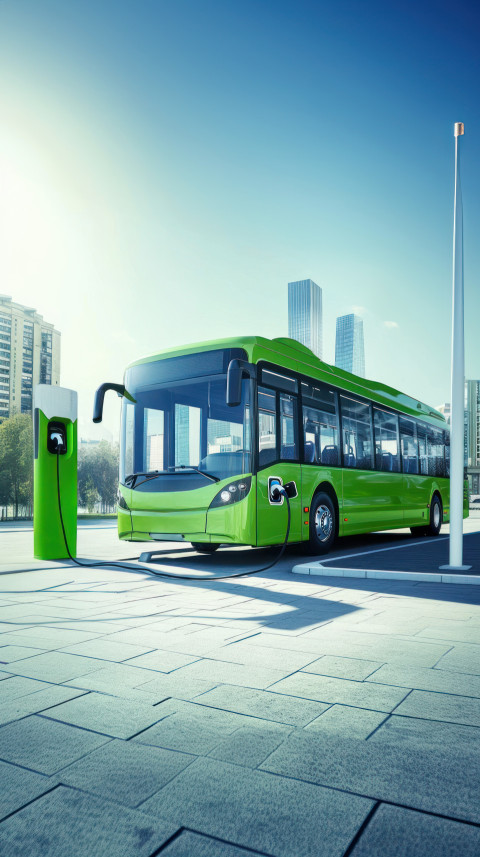 Green bus charging at an electric vehicle charging station electric bus