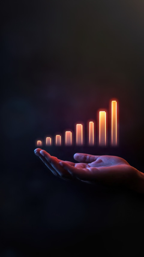 Hand holding glowing graph up icon increasing sales symbolizing business growth and financial success