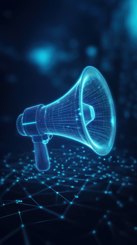 Digital megaphone icon on blue background symbolizing sales promotion