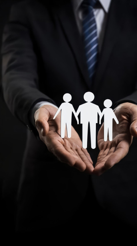 Businessman holding white icon of people on black background symbolizing leadership and teamwork