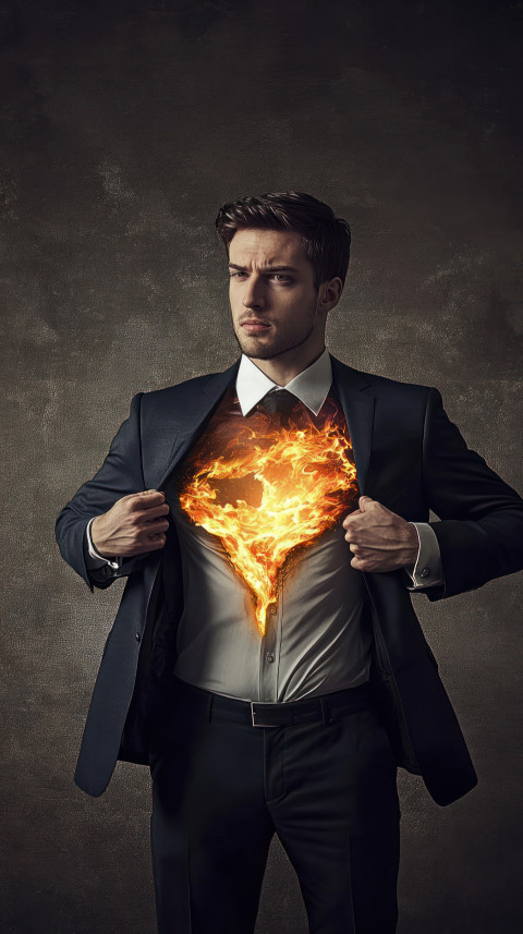 Businessman in suit pulling open his shirt to reveal flames symbolizing strong leadership and strength