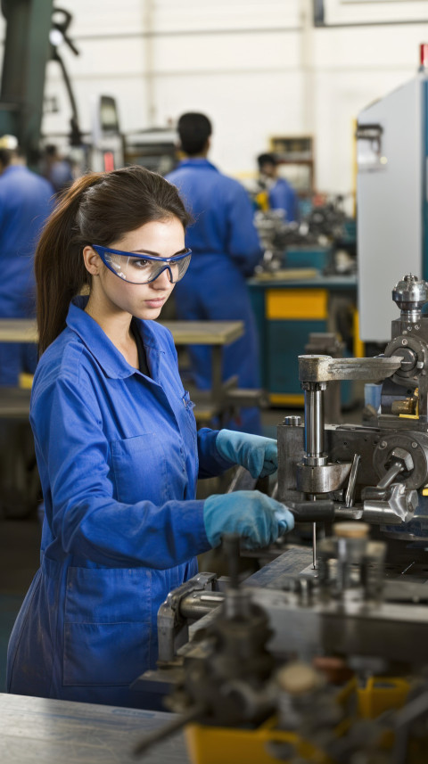 Indian female industrial worker standing next to a metal lathe machine