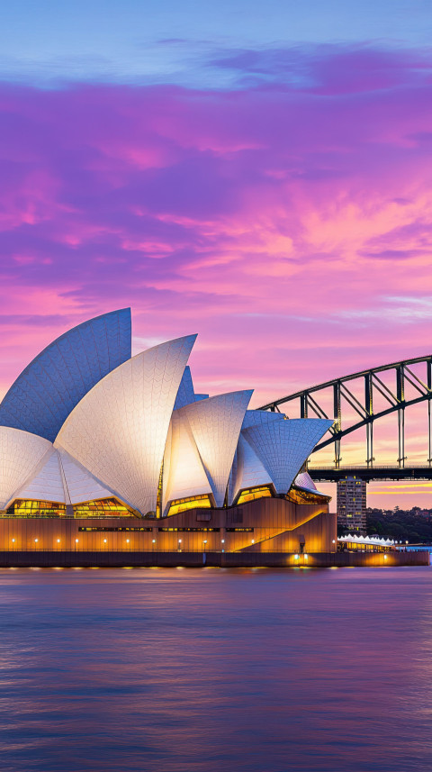 The sydney opera house and harbour bridge during twilight with pink clouds overhead