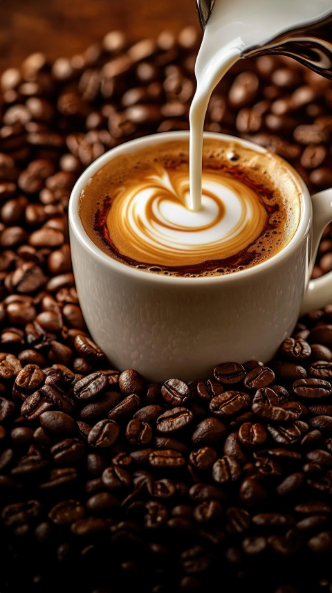 A cup of coffee has milk being poured into it surrounded by scatter of brown coffee beans