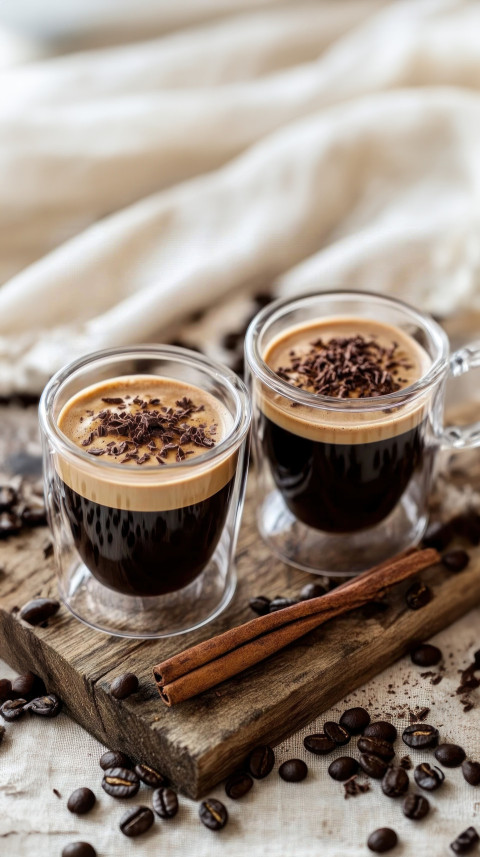 Two transparent glass cups filled with coffee create a cozy and inviting scene