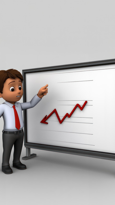 A 3d cartoon of manager standing next to whiteboard pointing to chart illustrating market decline