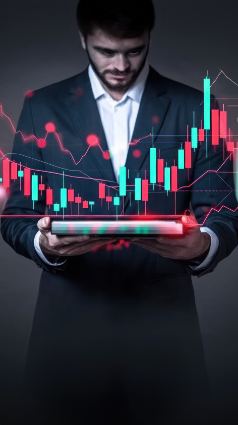 Businessman holding stock market graph with red and green candlesticks