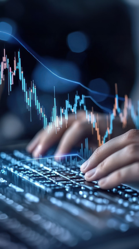 Close up of hands typing on keyboard with stock market graph and candlestick chart hologram