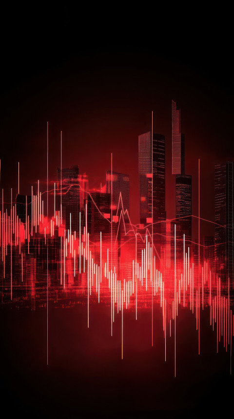 Stock market graph with red candlesticks descending against the backdrop of city buildings