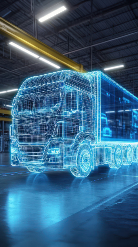 Wireframe holographic truck in warehouse showcasing industrial logistics technology