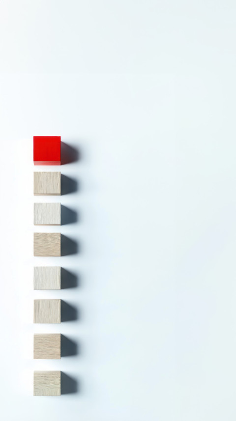 Minimalist arrangement of wood and red color blocks in a line job candidate idea