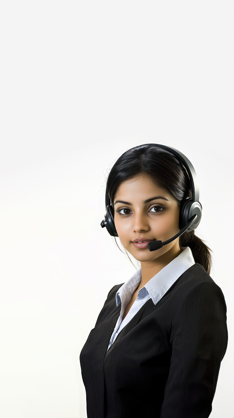 Indian female call center agent wearing a headset against a white background customer needs theme