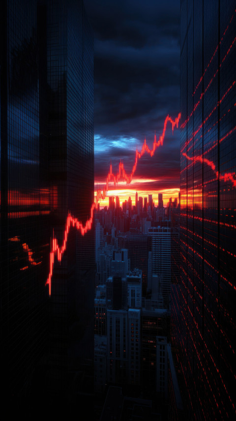 Stock market graph going downwards in an urban cityscape at sunset recession concept